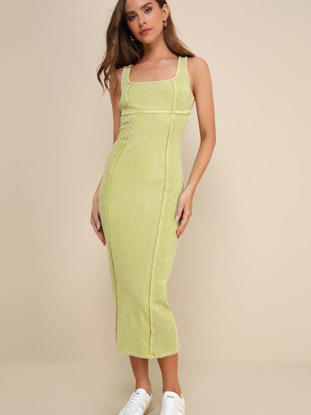 NWT Lulus Memorable Instinct Lime Green Washed Ribbed Paneled Midi Dress Small